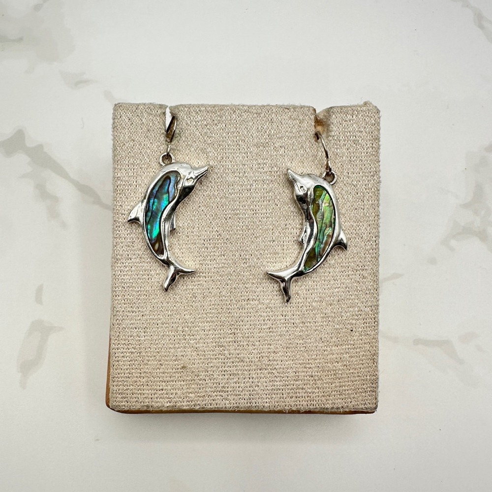 Vintage Abalone Shell Dolphin-Shaped Silver-Tone Hook Dangle Drop Earrings